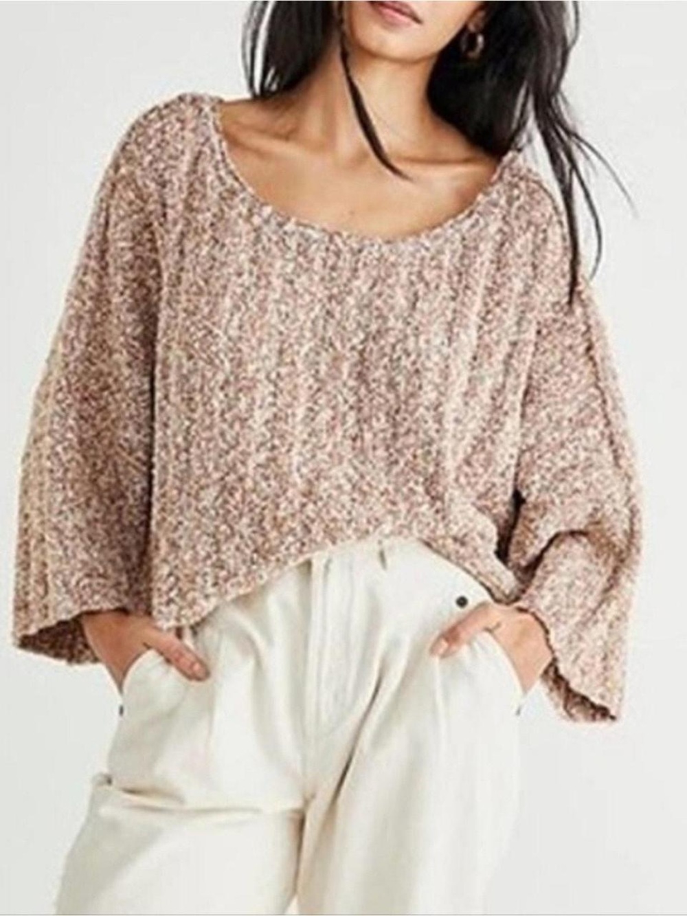 Free People Mauve Mousse Boxy Scoop-Neck Knit Sweater Taupe Mix Medium